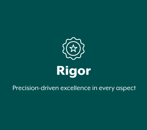 A star-shaped logo is displayed on a teal background, signifying "Rigor: Precision-driven excellence in every aspect".