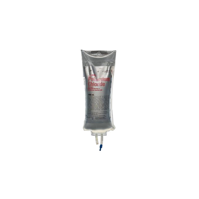 A 1000 mL bag of Potassium Chloride solution hangs, ready for intravenous administration, against a white background.