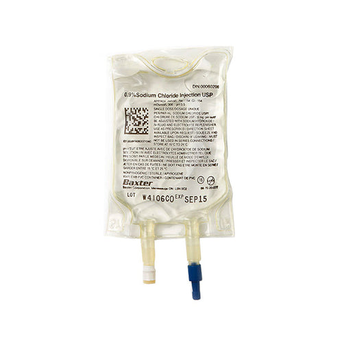 A Baxter 0.9% Sodium Chloride Injection USP bag sits on a white background; its two outlet ports are capped. The bag’s label provides dosage information and instructions for use, including storage temperature. The lot number is W4106C0, and the expiration date is SEP15.