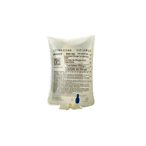 A 500 mL bag of Lactated Ringer's Injection, labeled with lot and expiry details, is shown. The solution is for intravenous use.