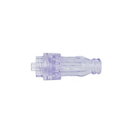 A translucent purple medical connector lies on a white background. It appears to be made of plastic and features a threaded end.