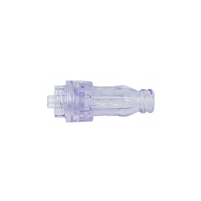 A translucent purple medical connector lies on a white background. It appears to be made of plastic and features a threaded end.