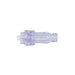A translucent purple medical connector lies on a white background. It appears to be made of plastic and features a threaded end.
