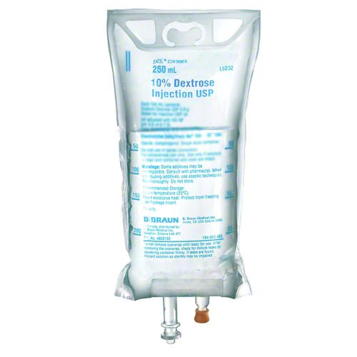 A flexible bag containing 250 mL of 10% Dextrose Injection USP is shown. It is ready for intravenous administration; information regarding additives and storage is printed on the bag.