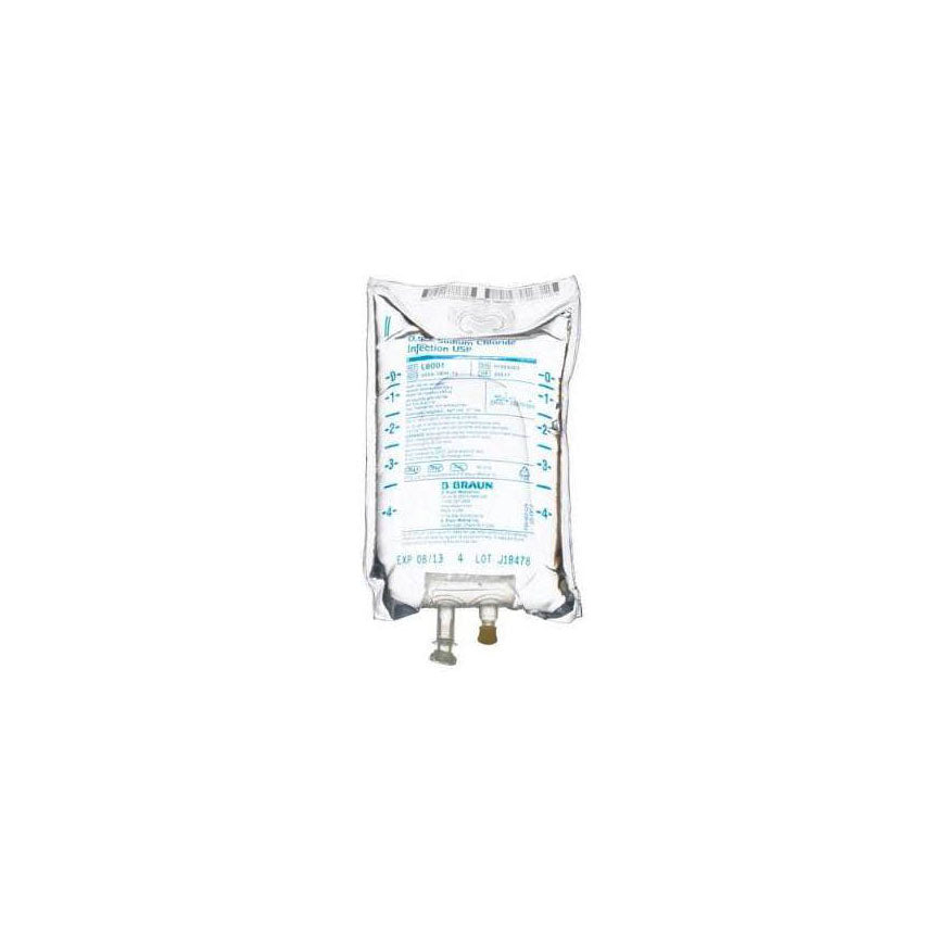 A flexible IV bag containing fluid hangs; it is labeled "Infusion Fluid Chamber," "B. Braun," "EXP 06/13," and "LOT J08479."