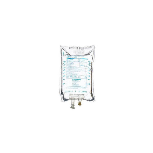 A flexible IV bag containing fluid hangs; it is labeled "Infusion Fluid Chamber," "B. Braun," "EXP 06/13," and "LOT J08479."