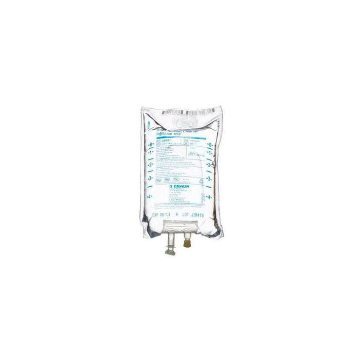 A flexible IV bag containing fluid hangs; it is labeled "Infusion Fluid Chamber," "B. Braun," "EXP 06/13," and "LOT J08479."