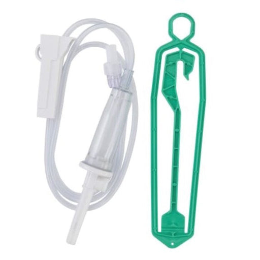 A sterile IV administration set, consisting of a clear drip chamber and tubing, is shown alongside a green plastic IV pole hook.