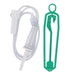 A sterile IV administration set, consisting of a clear drip chamber and tubing, is shown alongside a green plastic IV pole hook.