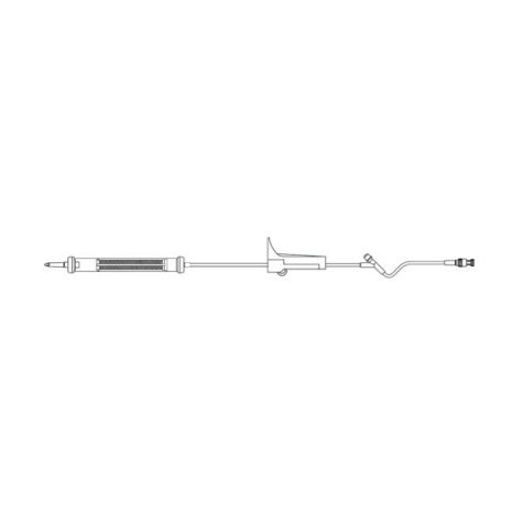 A medical intravenous (IV) catheter set, consisting of a needle, tubing, and a flow regulator, is depicted against a white background.