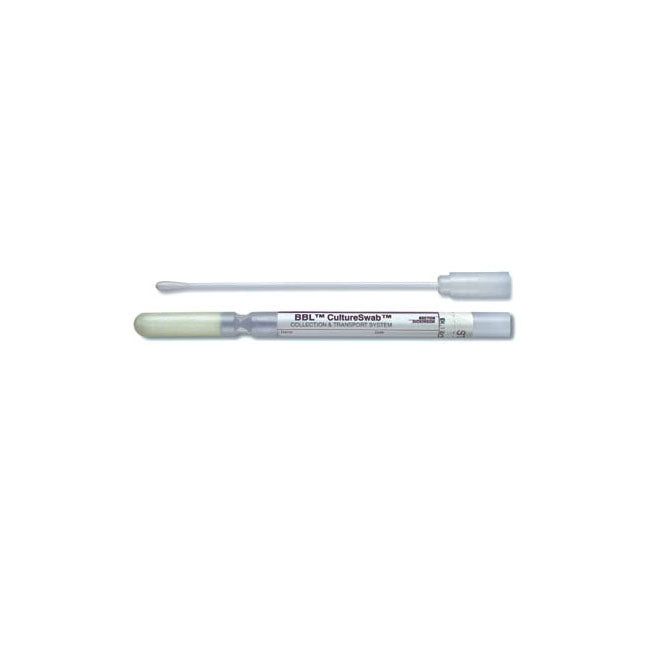 A BBL™ CultureSwab™, a collection and transport system, lies on a white background. The swab is shown separately from its vial.