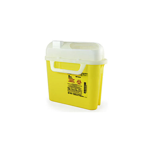 The yellow sharps container, labeled "BIO HAZARD INFECTIOUS WASTE DÉCHETS BIOLOGIQUES INFECTIEUX," sits against a white background.