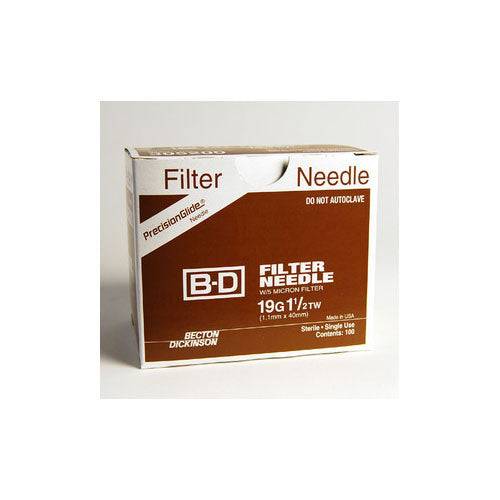 A box of B-D filter needles, containing 100 sterile, single-use 19G 1 1/2 TW needles with a 1.1mm x 40mm specification, sits on a surface. The box warns against autoclaving.