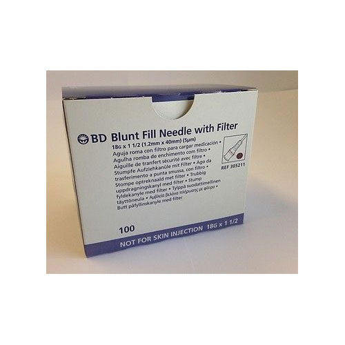 A box of BD Blunt Fill Needles with filters sits on a surface. The box contains 100 needles, each measuring 18G x 1 1/2 (1.2mm x 40mm) with a 5µm filter. It is explicitly stated that the needles are not for skin injection.