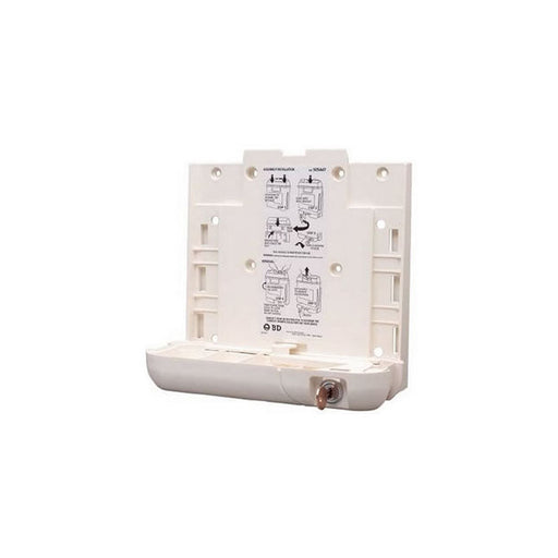 A white plastic dispenser mounts to a wall; instructions show how to install a refill. A key is in the lock.