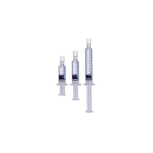 Three syringes, containing a dark liquid, are displayed against a white background. They are of varying sizes.