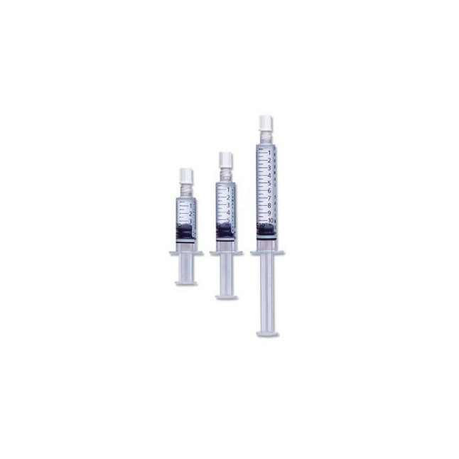 Three syringes, containing a dark liquid, are displayed against a white background. They are of varying sizes.
