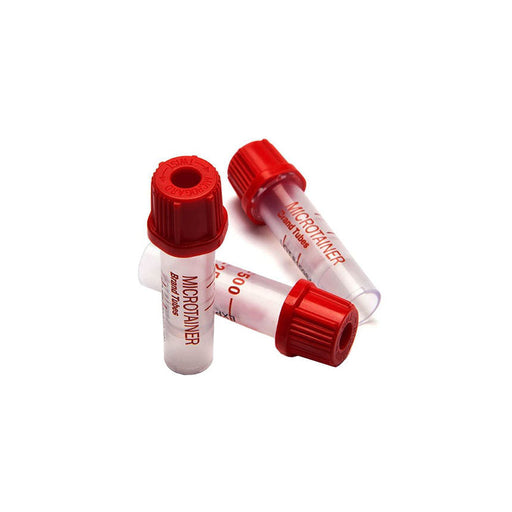 Three MICROTAINER brand tubes, resting on a white surface. The tubes are clear with red caps and printed graduations.