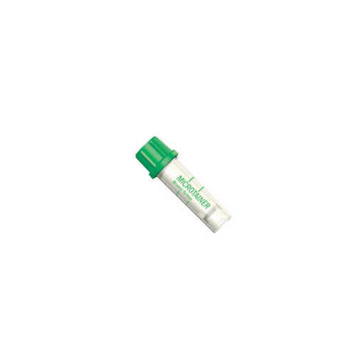 A small, clear vial with a green cap rests on a white background; the vial is labeled "MICROTAINER".