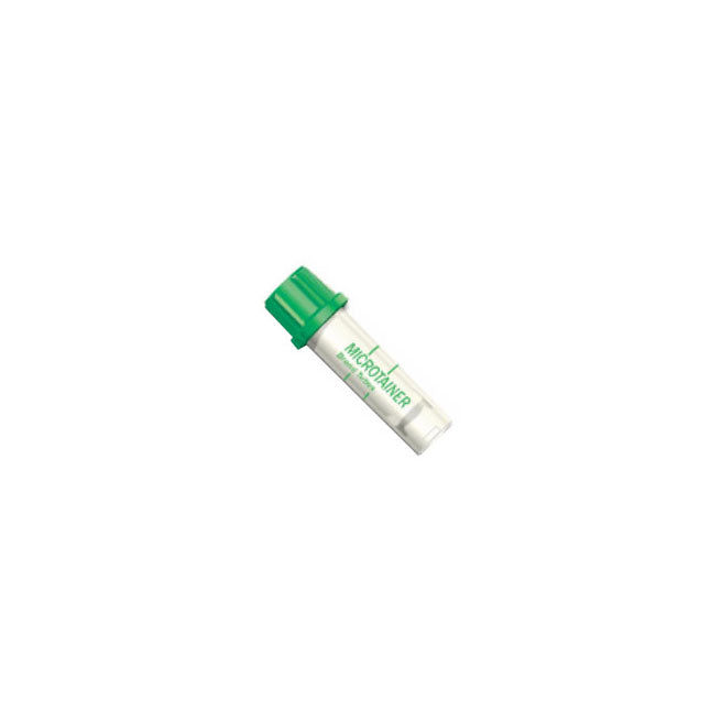 A small, clear vial with a green cap rests on a white background; the vial is labeled "MICROTAINER".