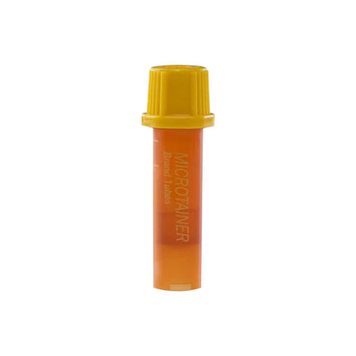 A small, orange Microtainer blood tube with a yellow cap sits on a white background. MICROTAINER is printed vertically on the tube. Blood Tubes is printed on its side.