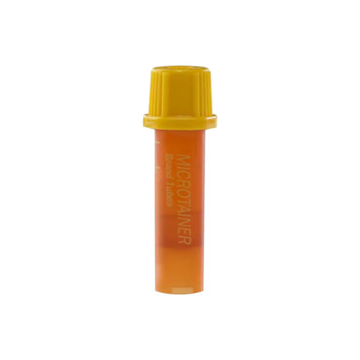 A small, orange Microtainer blood tube with a yellow cap sits on a white background. MICROTAINER is printed vertically on the tube. Blood Tubes is printed on its side.