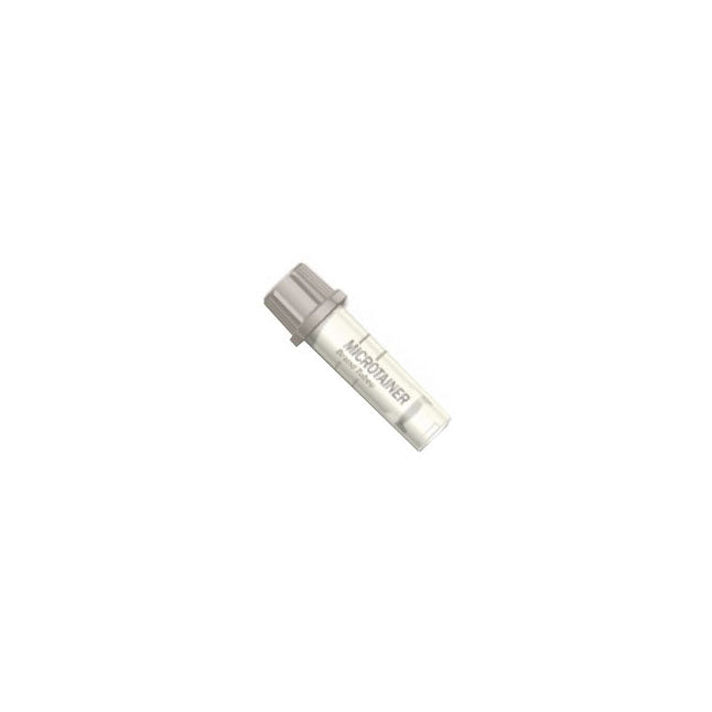 A small, clear Microtainer blood collection tube with a gray cap rests on a white background.