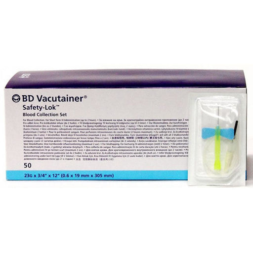 A BD Vacutainer Safety-Lok Blood Collection Set, packaged in a box, contains 50 units; each unit is individually wrapped. The box displays multilingual instructions.