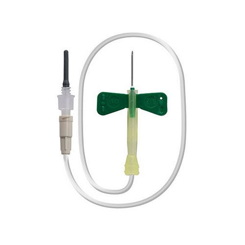 A winged infusion set, consisting of a needle and tubing, is ready for use against a plain white background.