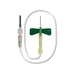 A winged infusion set, consisting of a needle and tubing, is ready for use against a plain white background.