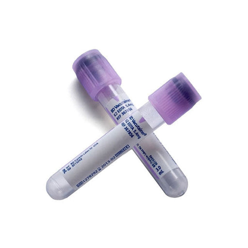 Two BD Vacutainer tubes, lying in an X shape, contain K2 EDTA 5.4mg; a white background surrounds them.