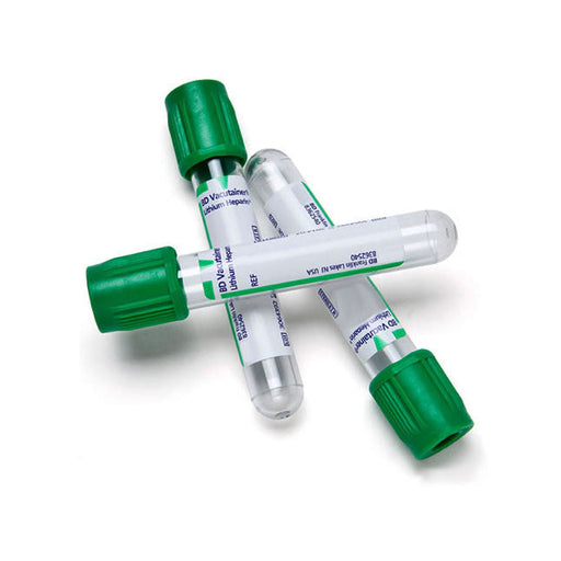 Three BD Vacutainer tubes, containing lithium heparin, rest on a white surface. They are capped with green tops.
