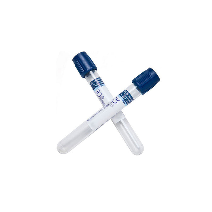 Two clear glass BD Vacutainer tubes with dark blue caps, lie in an X-shape against a white background. The tubes are labeled "BD Vacutainer® System" and "CE" markings are visible.