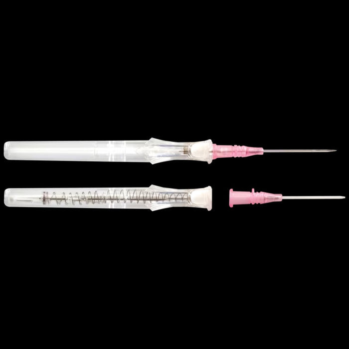 Two intravenous cannulas are displayed against a black background. One is assembled; the other is disassembled, showing the separate needle and catheter parts.