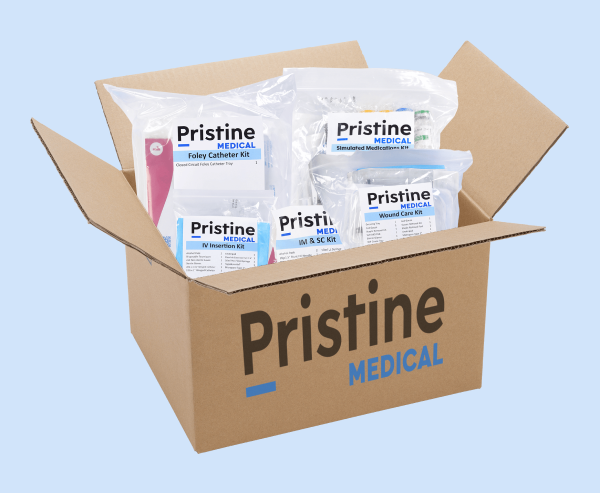 A cardboard box contains several Pristine Medical kits: Foley Catheter, Simulated Medication, IV Insertion, IM & SC, and Wound Care. The box is open, showing the kits inside.