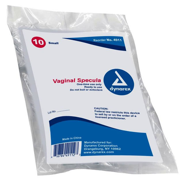 A package of ten small vaginal specula is sealed. It is ready for single use, and should not be boiled or autoclaved. The package includes instructions and manufacturer information.