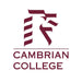 A stylized lion's head logo is presented, appearing to be in motion against a white background. Below, the text "CAMBRIAN COLLEGE" is written in a serif typeface.