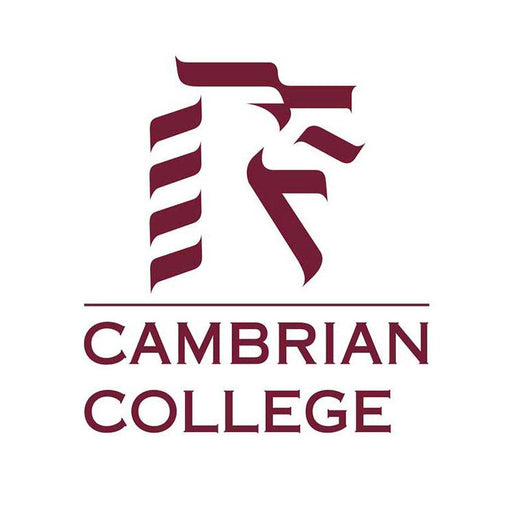 A stylized lion's head logo is presented, appearing to be in motion against a white background. Below, the text "CAMBRIAN COLLEGE" is written in a serif typeface.