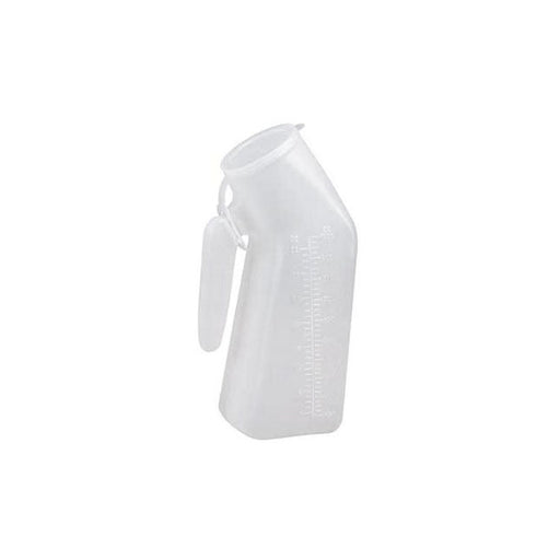 A translucent, white plastic urinal with a handle and measurement markings is positioned against a stark white background.