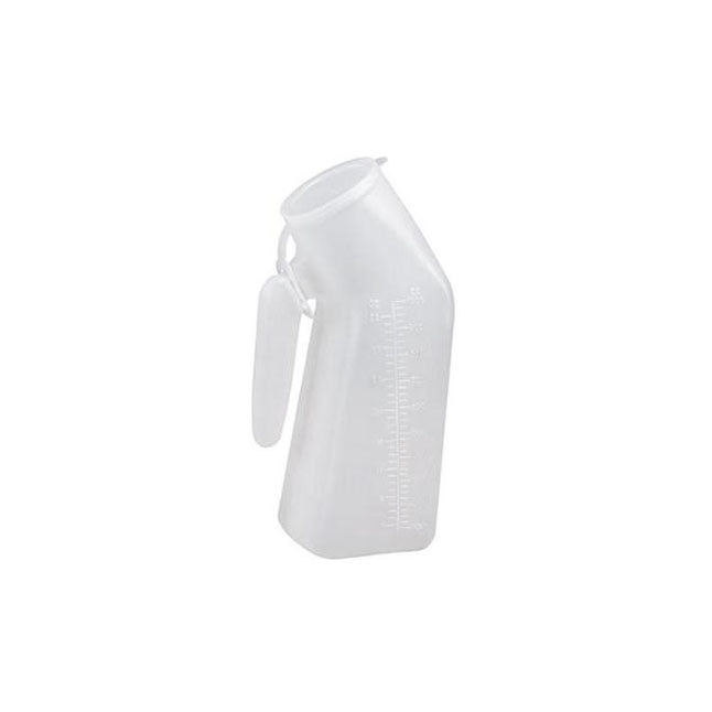 A translucent, white plastic urinal with a handle and measurement markings is positioned against a stark white background.