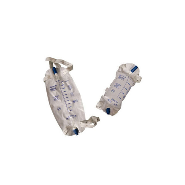 Two urine collection bags lie on a white background. They are both white plastic with blue markings and tubes.