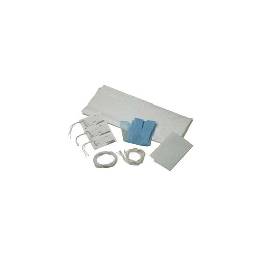 A collection of medical supplies is laid out. It includes a pack of white sheets, blue cloths, white gauze, ID cards on string, and white string on a white background.