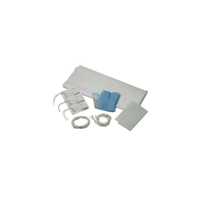 A collection of medical supplies is laid out. It includes a pack of white sheets, blue cloths, white gauze, ID cards on string, and white string on a white background.