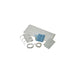 A collection of medical supplies is laid out. It includes a pack of white sheets, blue cloths, white gauze, ID cards on string, and white string on a white background.