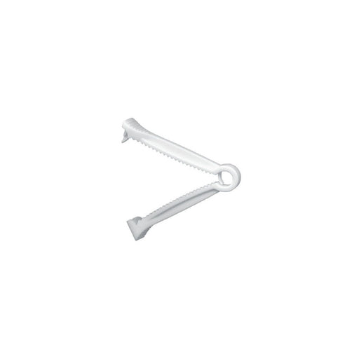 A pair of tongs rests open against a plain white background.