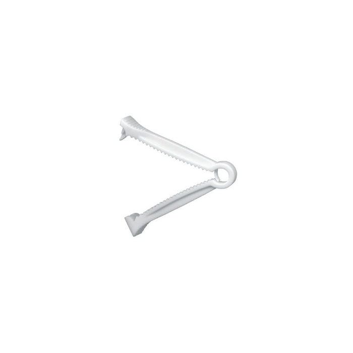 A pair of tongs rests open against a plain white background.