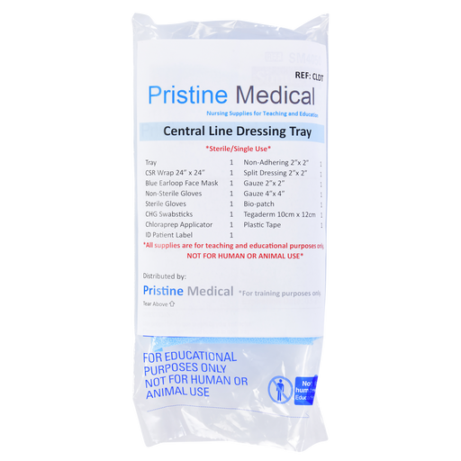 A Central Line Dressing Tray, containing various sterile and non-sterile medical supplies, is packaged for educational purposes only.