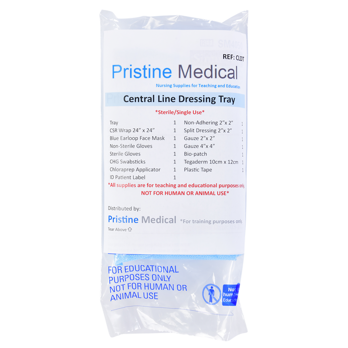 A Central Line Dressing Tray, containing various sterile and non-sterile medical supplies, is packaged for educational purposes only.