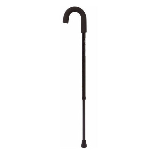 A black, adjustable walking cane with a curved handle stands upright against a plain white backdrop.