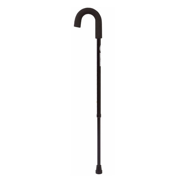 A black, adjustable walking cane with a curved handle stands upright against a plain white backdrop.